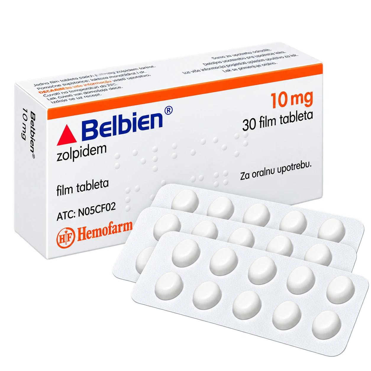 Belbien zolpidem 10 mg verpakking van Hemofarm met drie blisterstrips