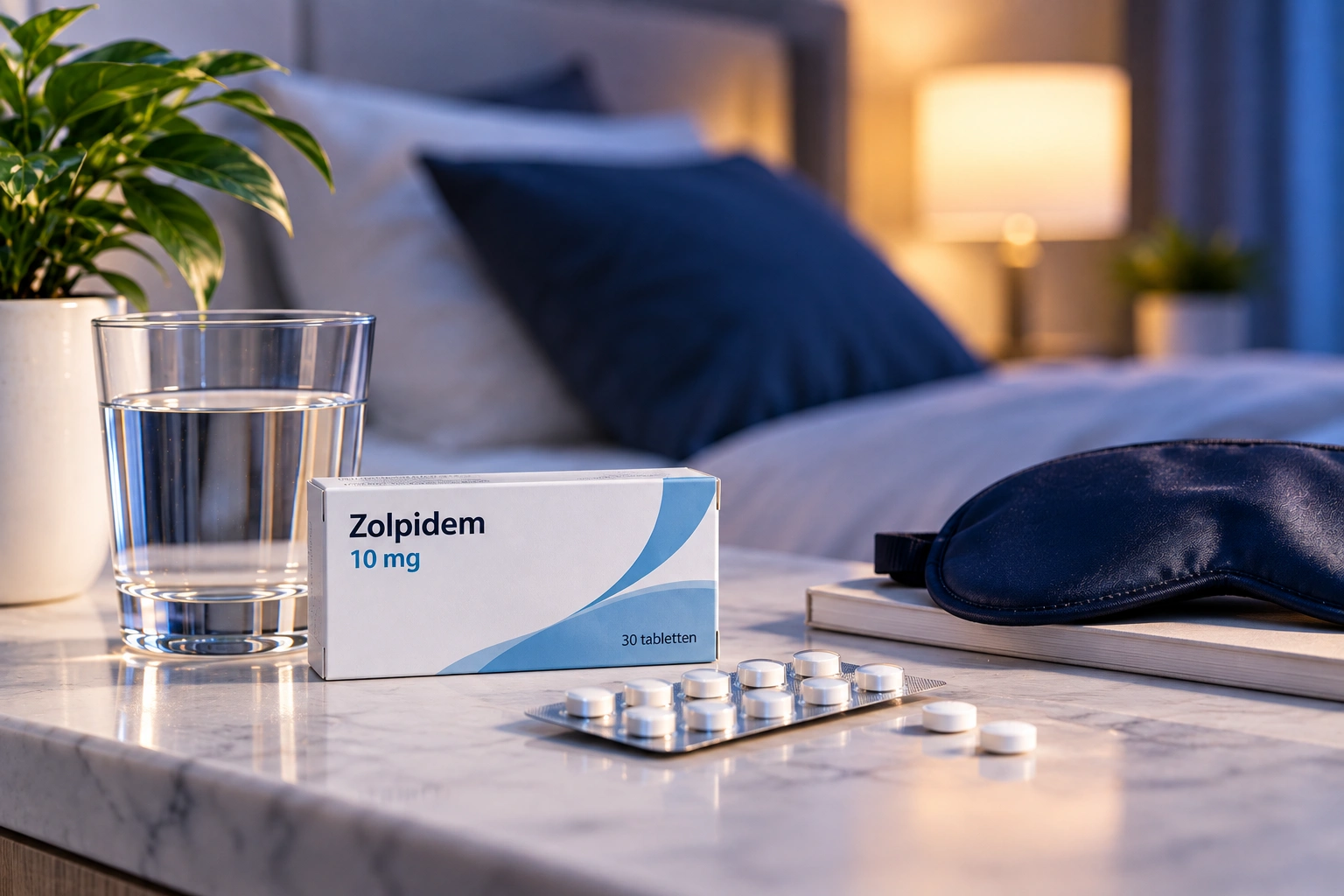 Zolpidem 10 mg met tabletten en glas water als illustratie van het verschil met benzodiazepinen
