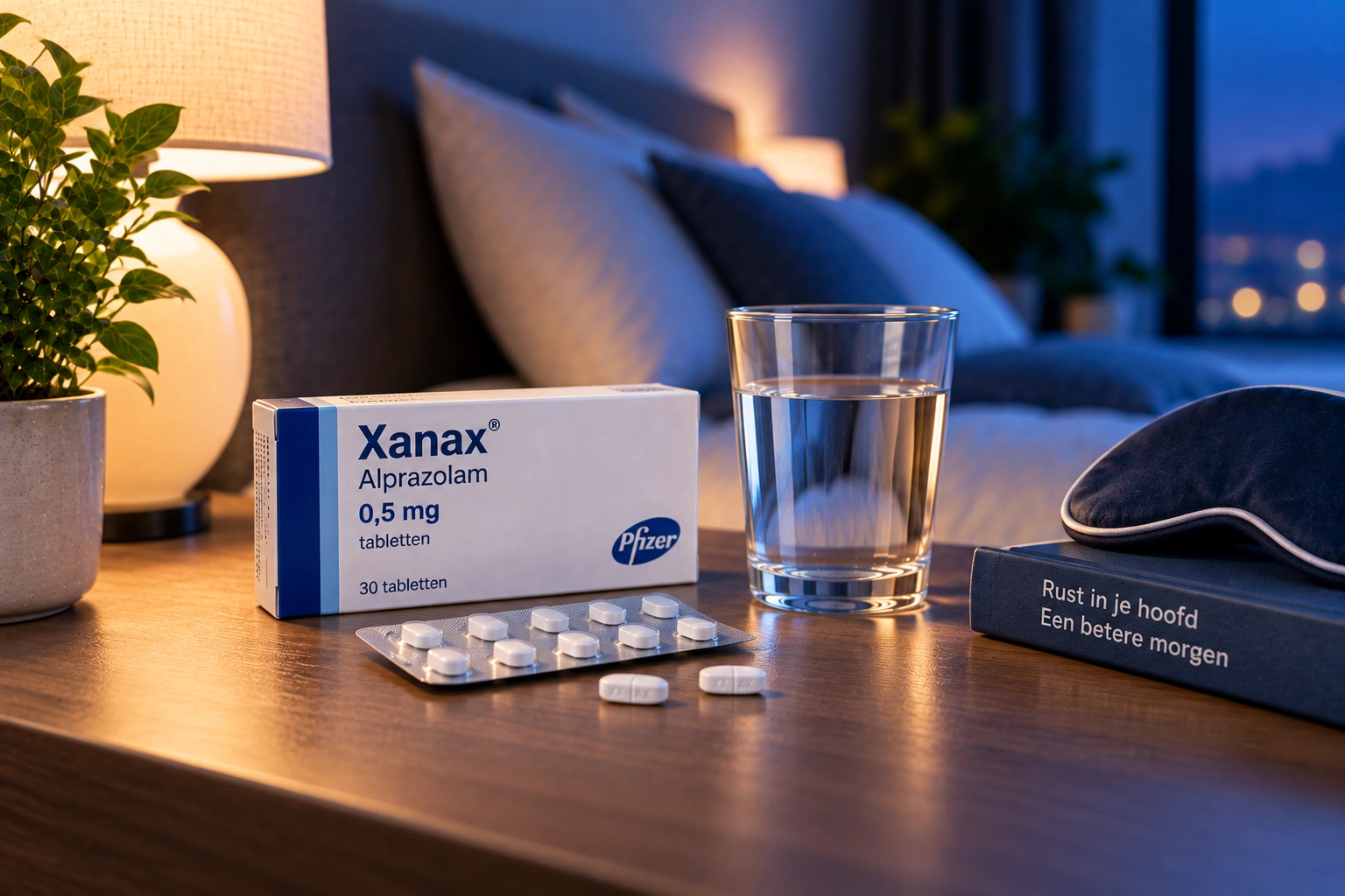 Alprazolam Xanax met tabletten en glas water in een rustige avondsetting