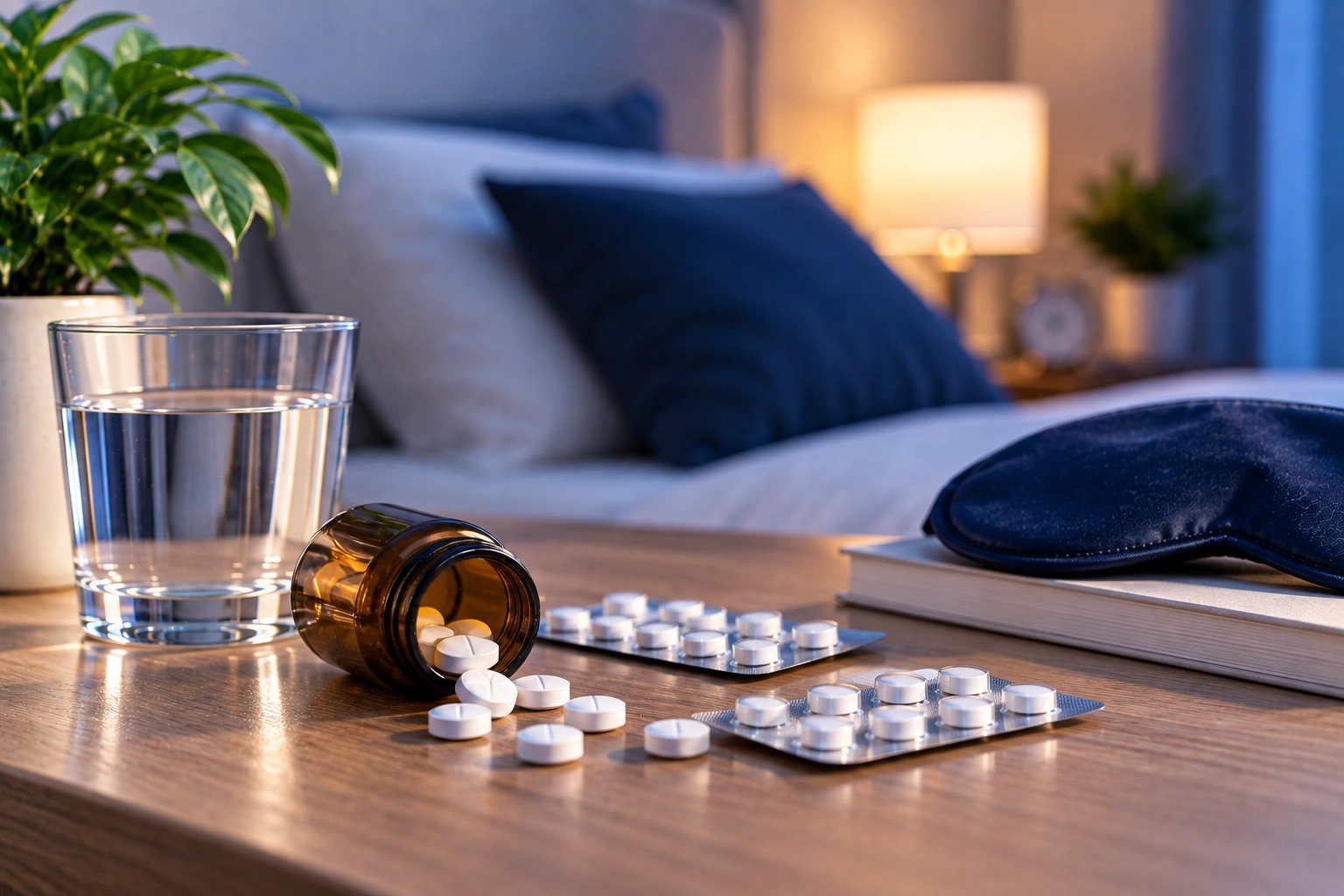 Verschillende benzodiazepinen in blisterverpakkingen met tabletten en een glas water