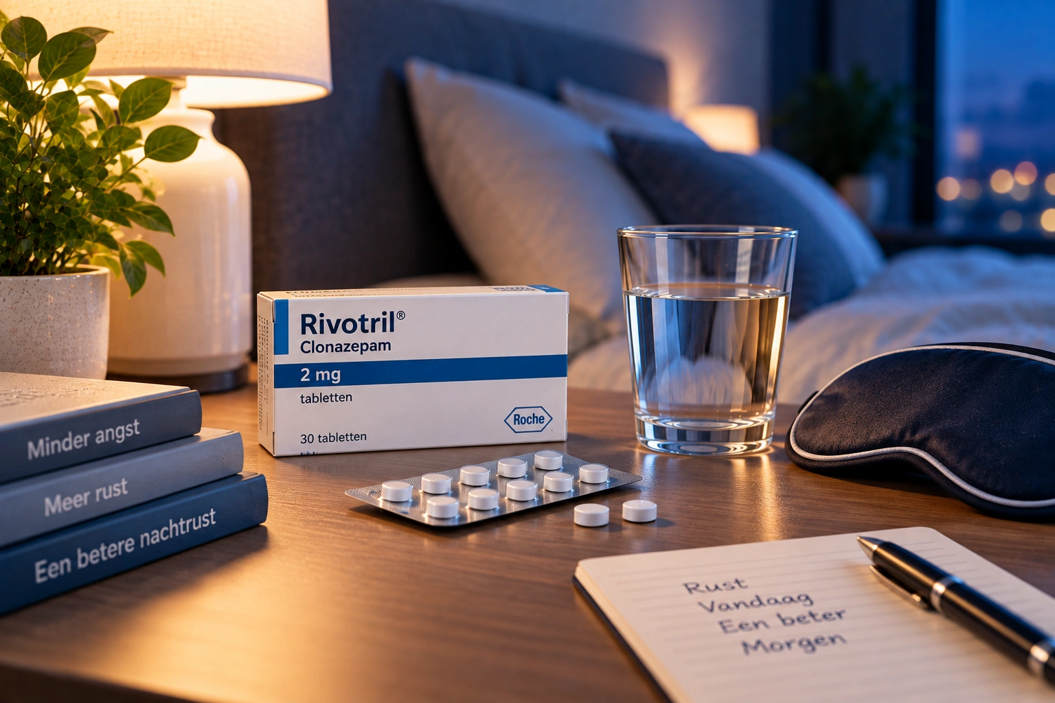 Clonazepam Rivotril met tabletten en glas water in een rustige avondsetting
