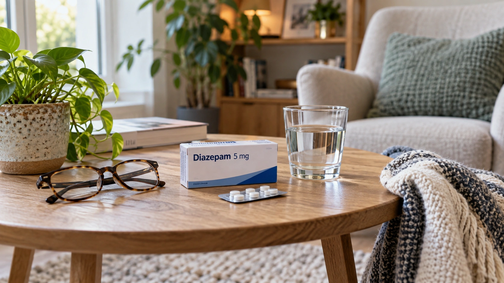 Diazepam met tabletten en glas water in een rustige thuissituatie