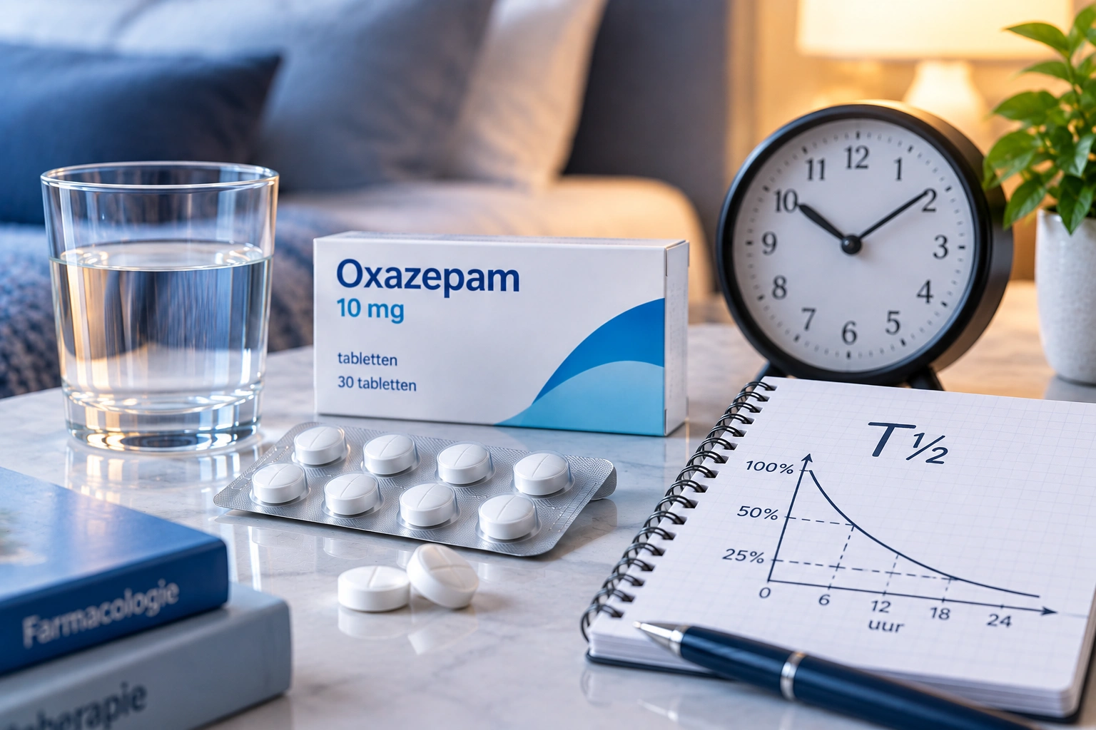 Medicijnen naast een zandloper als illustratie van de halfwaardetijd van medicijnen
