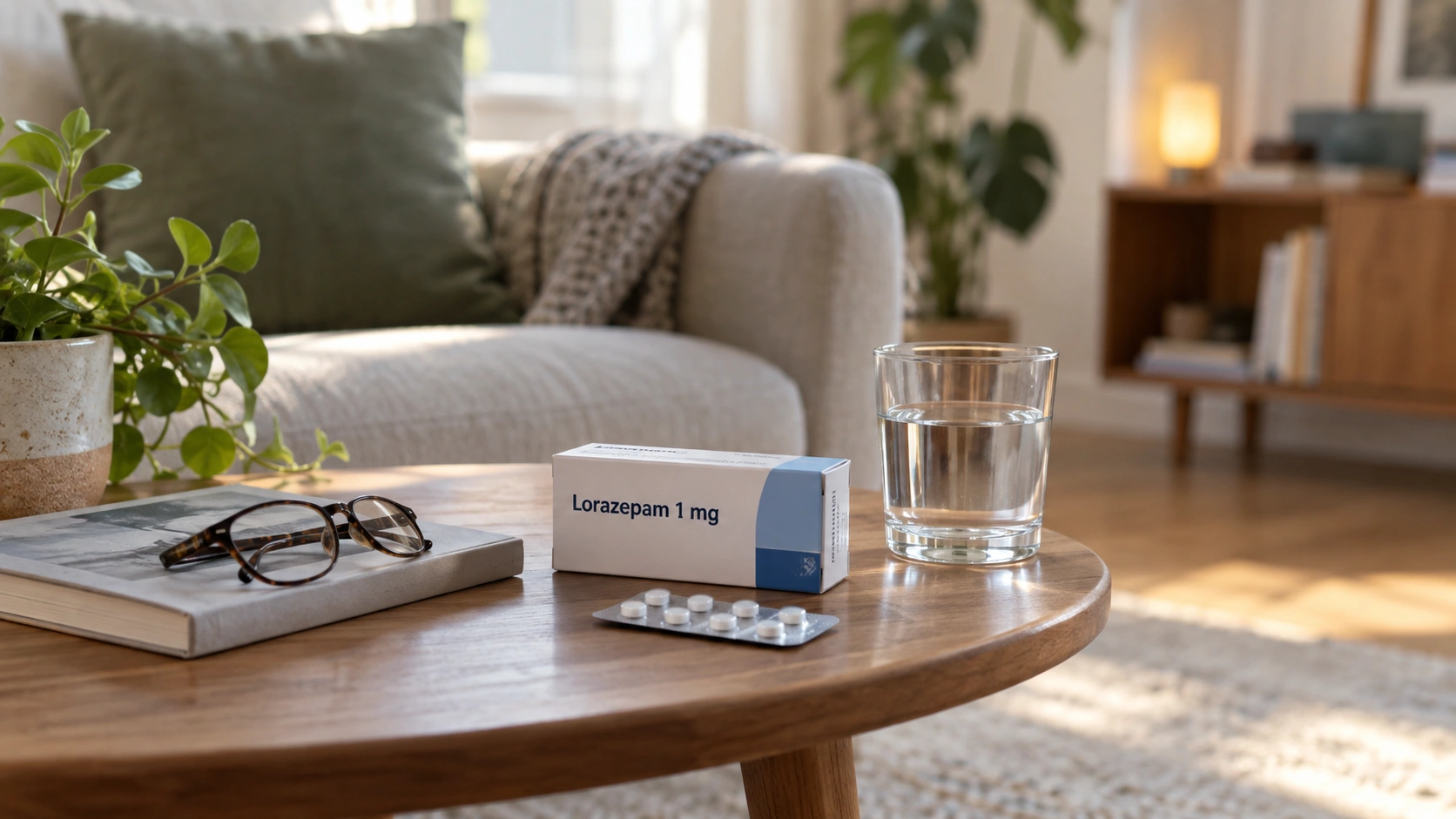 Lorazepam met tabletten en glas water in een rustige thuissituatie