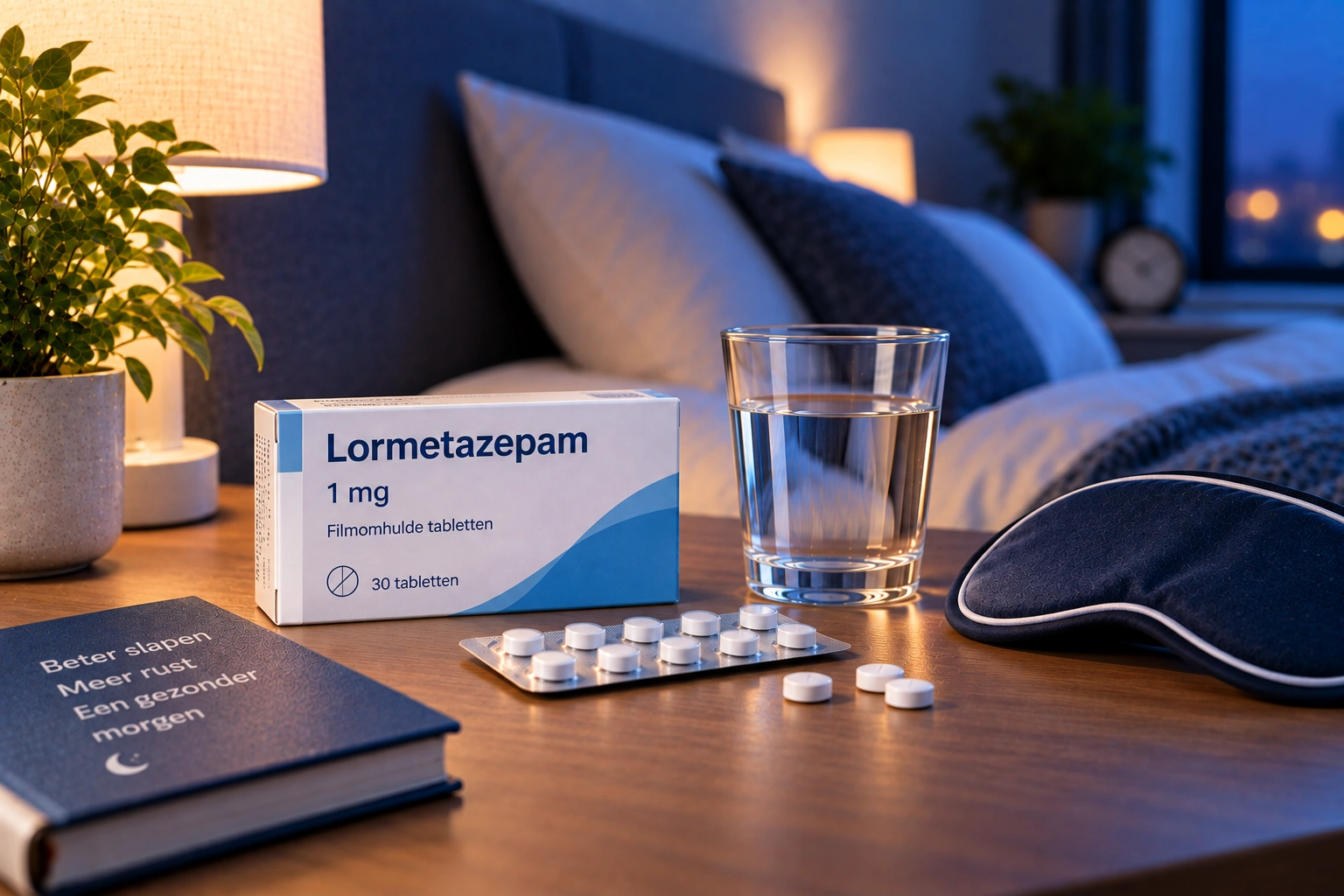 Lormetazepam met tabletten en glas water als illustratie van werking, werkingsduur en dosering