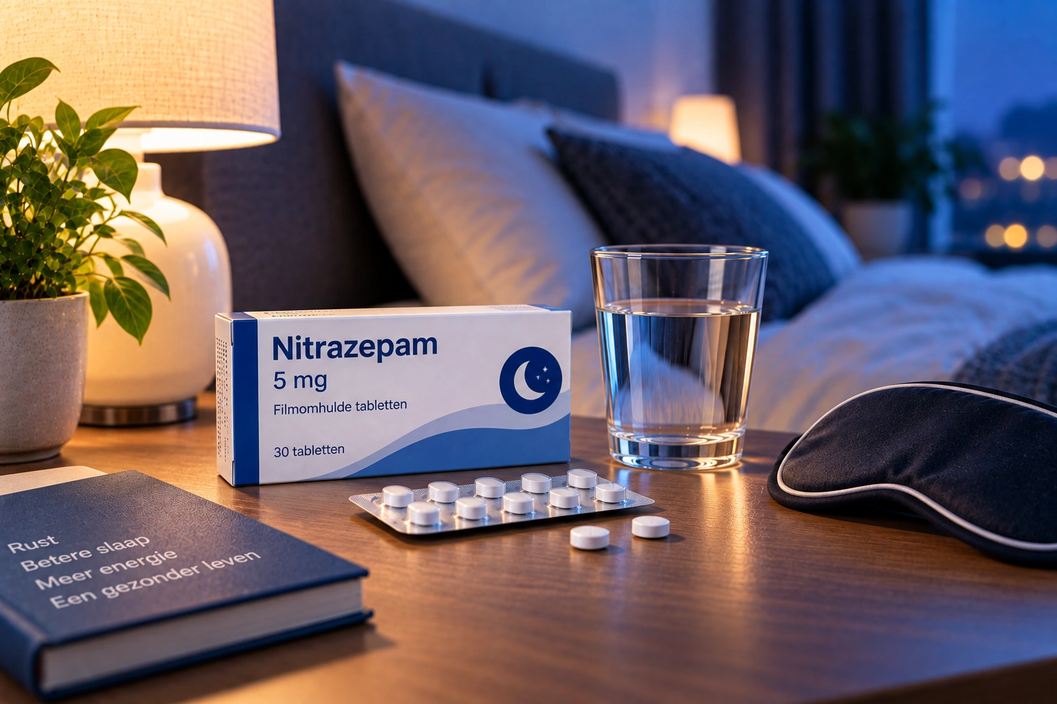 Nitrazepam met blisterverpakking, tabletten en glas water in een rustige slaapomgeving