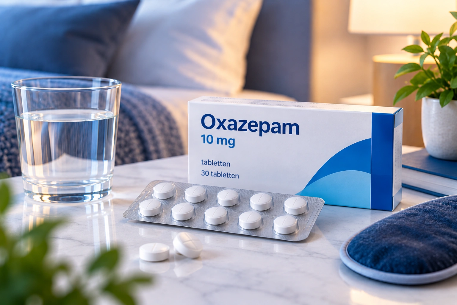Oxazepam met tabletten en glas water in een rustige avondsetting