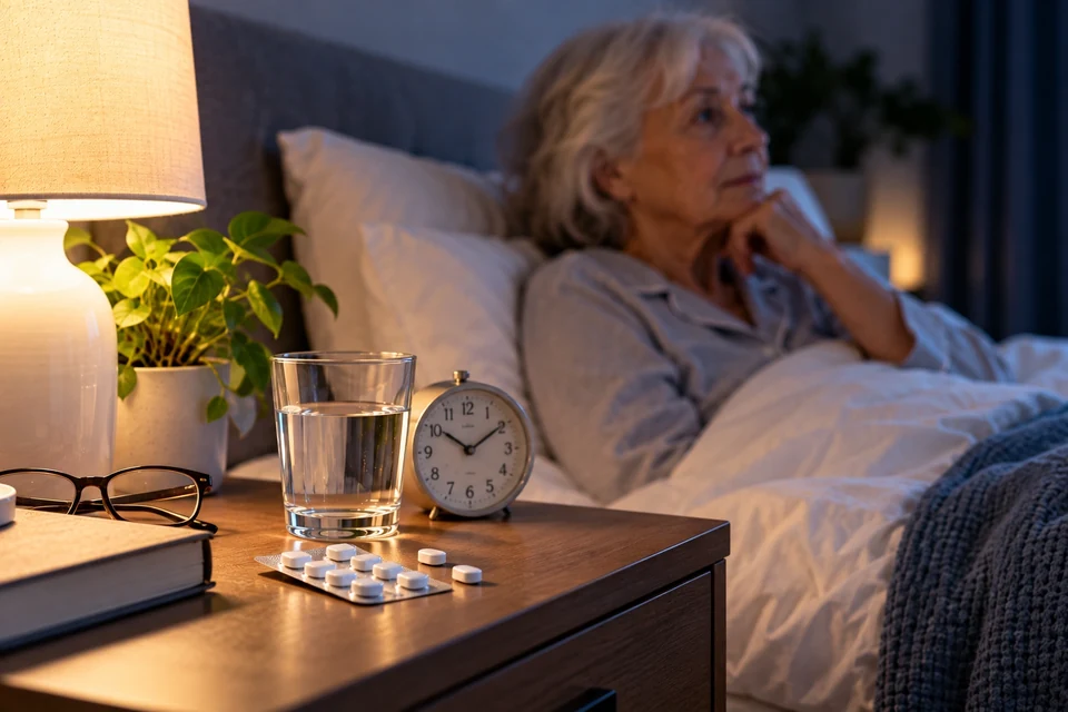 een oud persoon die slecht slaap en zolpidem neem in bed
