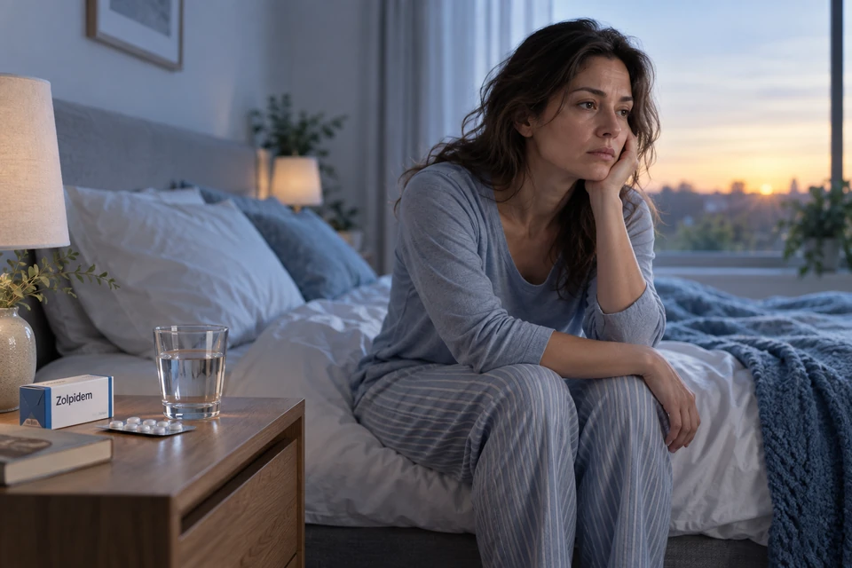 Vrouw wakker in bed bij het stoppen met zolpidem en rebound-slapeloosheid
