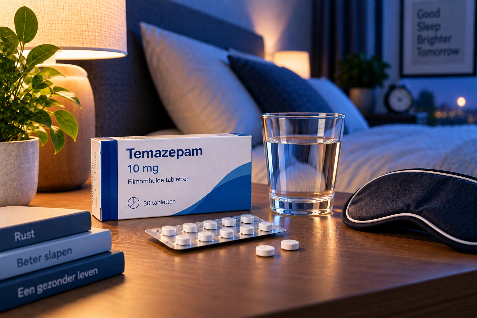 Temazepam met blisterverpakking, tabletten en glas water in een rustige slaapkamer