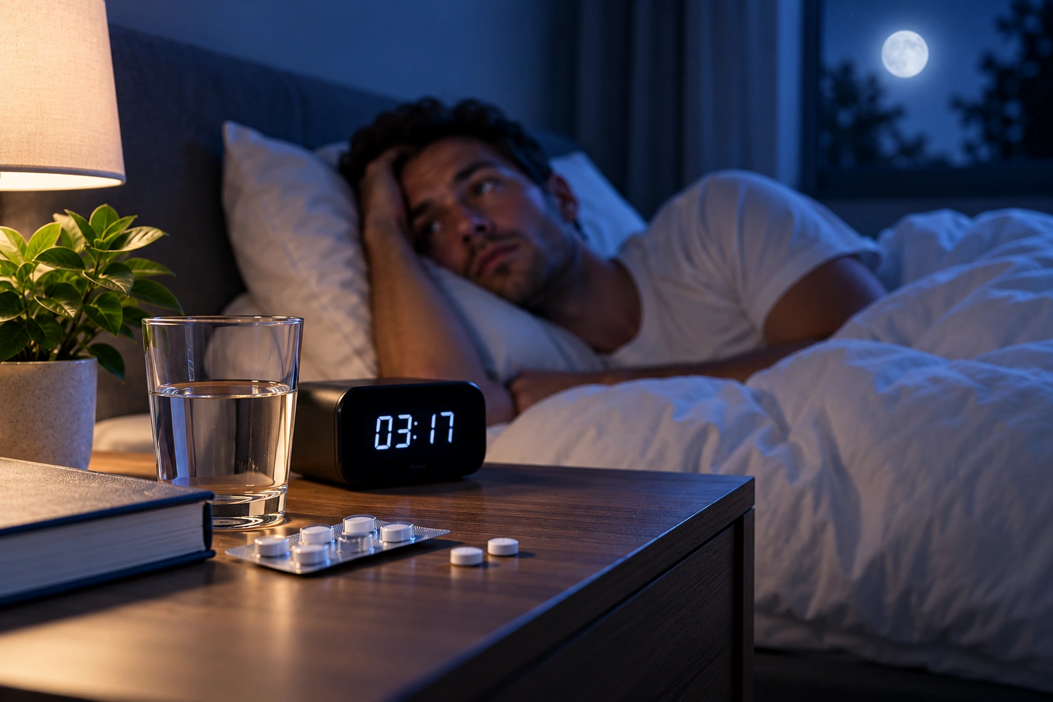 Persoon die midden in de nacht wakker ligt en naar de wekker kijkt