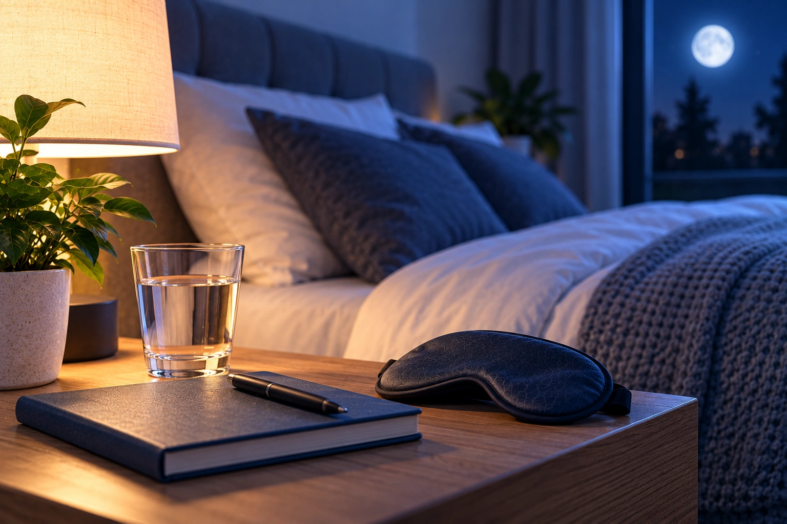 Rustige slaapkamer met slaapmasker, glas water en avondlicht als illustratie bij tips tegen slapeloosheid