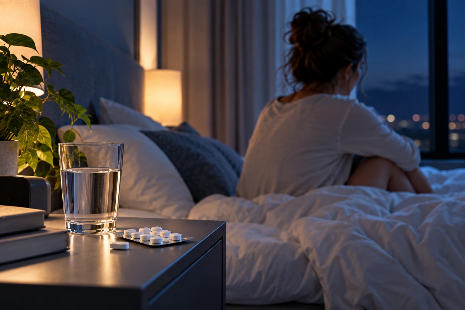 Persoon die onrustig wakker ligt in bed met slaapmedicatie op het nachtkastje