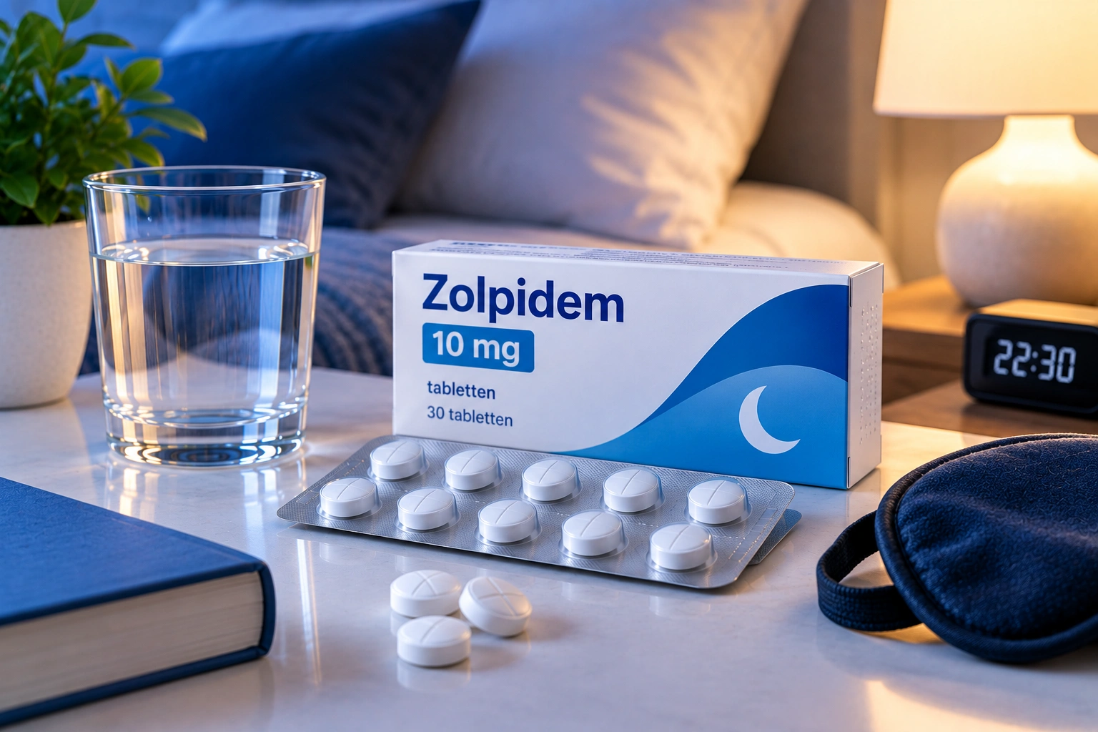 Zolpidem 10 mg met tabletten en bijsluiter als illustratie bij mogelijke bijwerkingen