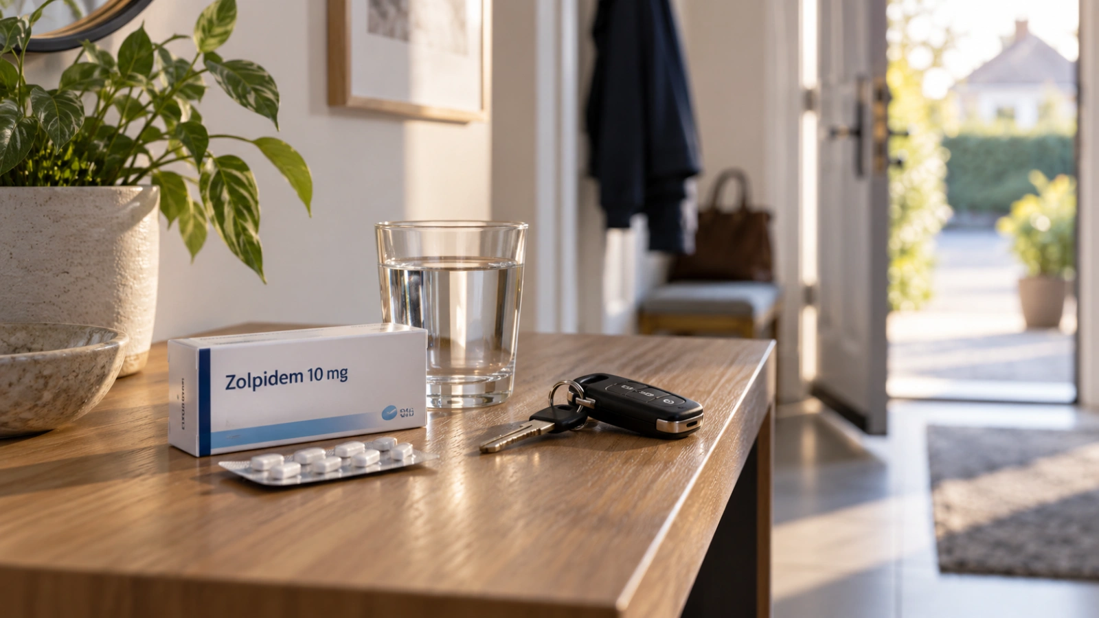 Zolpidem 10 mg naast autosleutels als illustratie bij veilig autorijden na gebruik