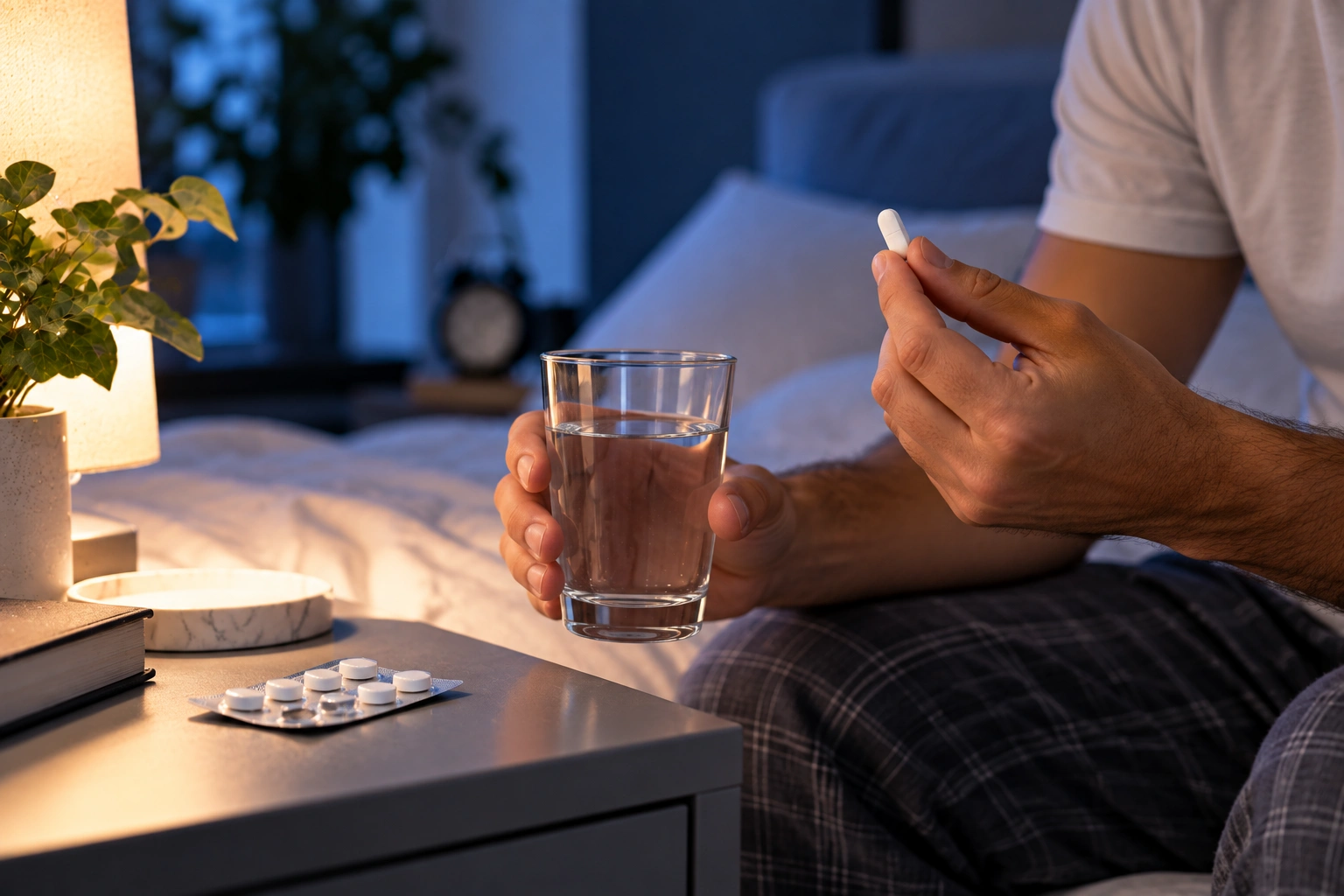 Persoon die zolpidem inneemt met een glas water als onderdeel van de avondroutine