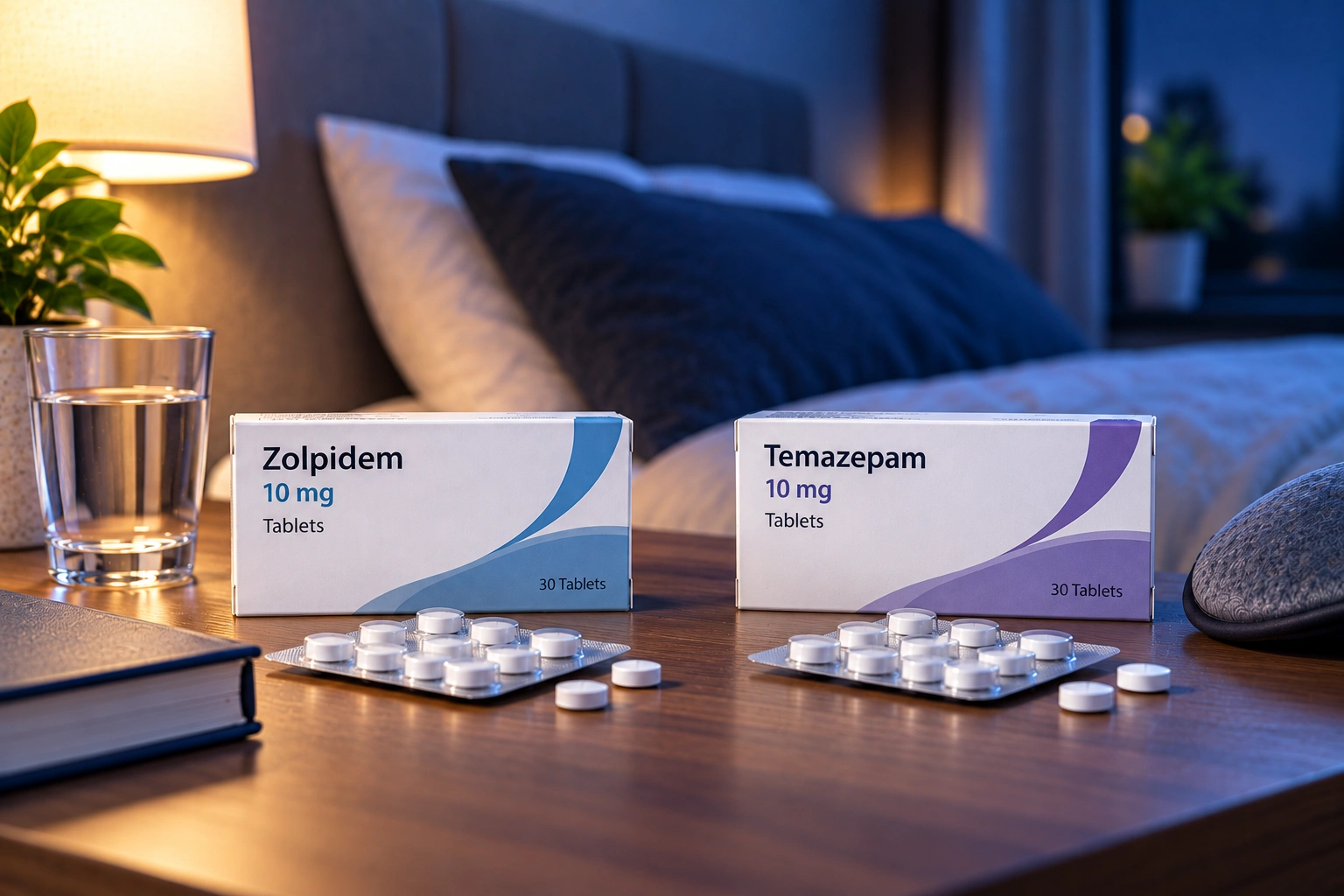 Zolpidem en temazepam naast elkaar met tabletten en glas water als vergelijking tussen beide slaapmiddelen