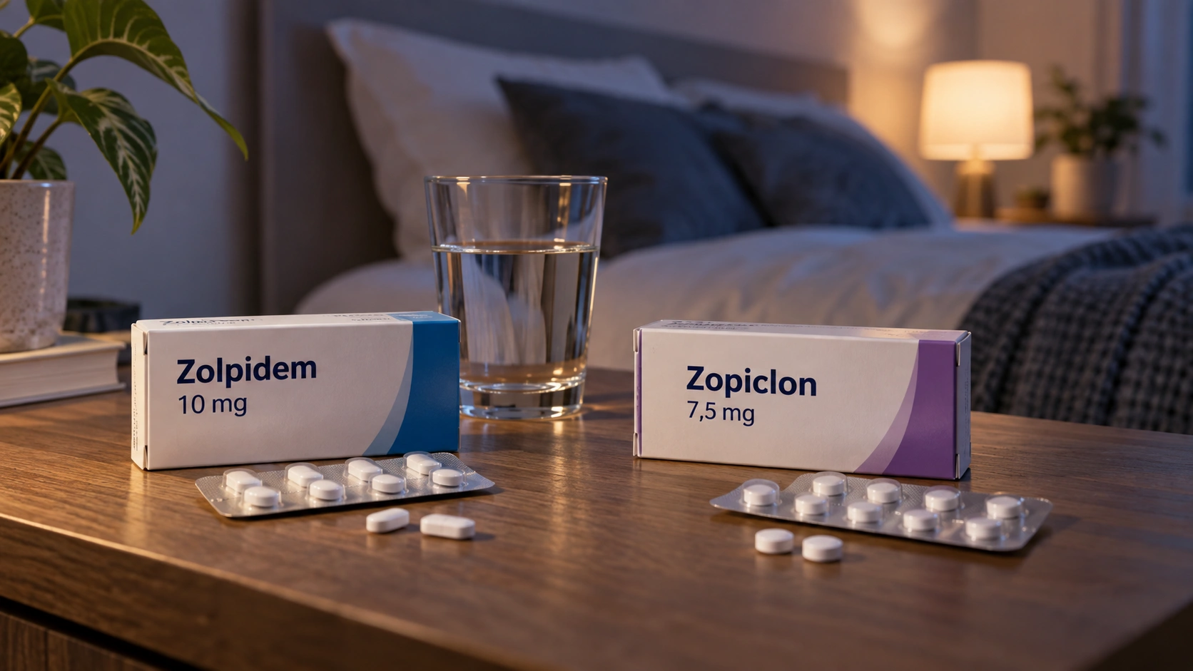 Zolpidem en zopiclon naast elkaar met tabletten en glas water als vergelijking tussen beide slaapmiddelen