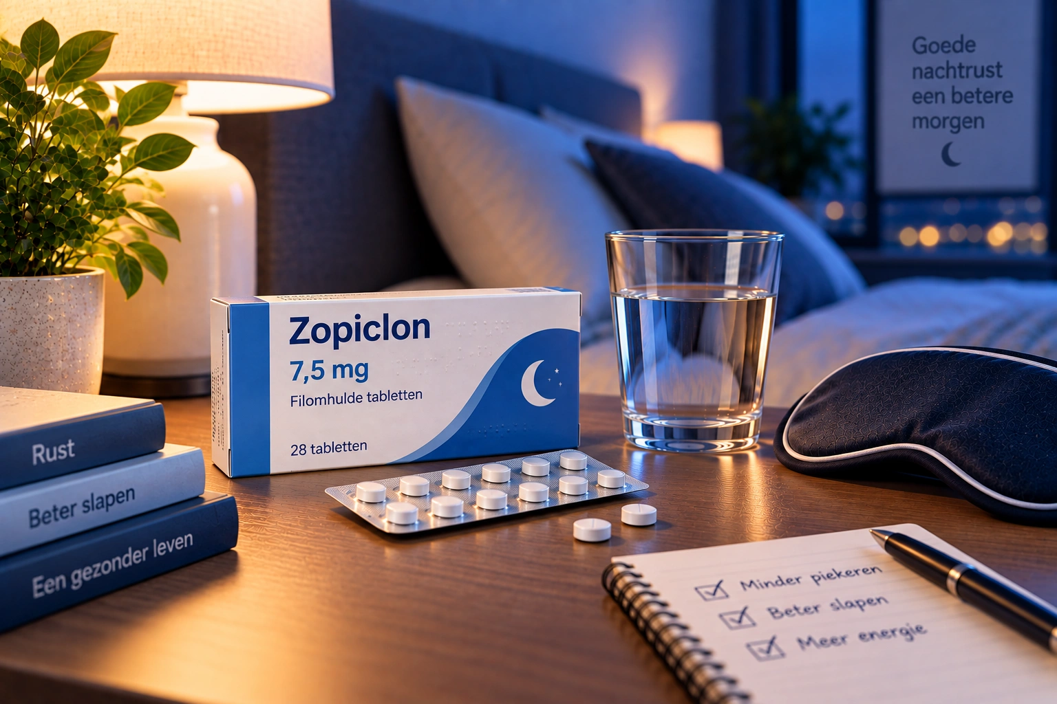 Zopiclon met blisterverpakking, tabletten en glas water in een rustige slaapkamer